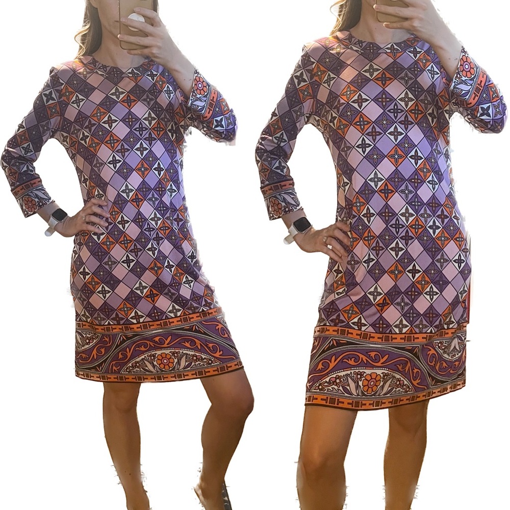 Tory Burch Knee Length Shift Dress 3/4 Sleeve Diamond Print Crew Neck 100% Silk